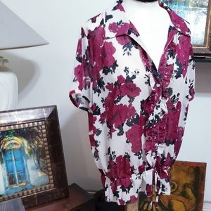 Womens Sheer Blouse Plus Sz 20 Purple Cream Flowers Shortsleeve Summer MILLERS